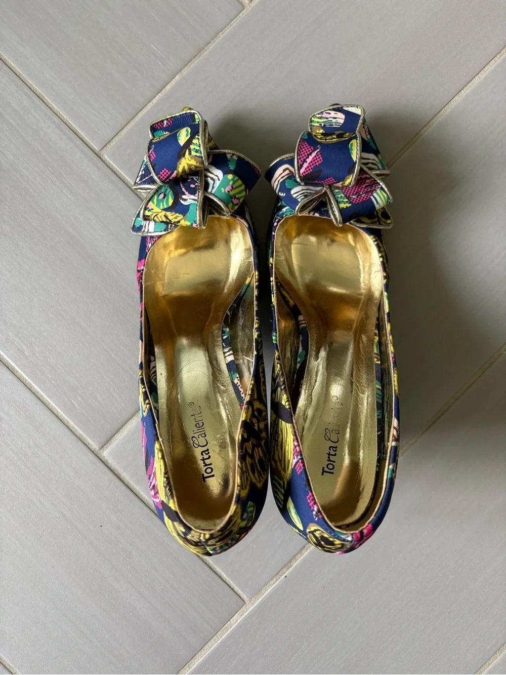 Navy Multicolor Printed Heels with Bow Accent